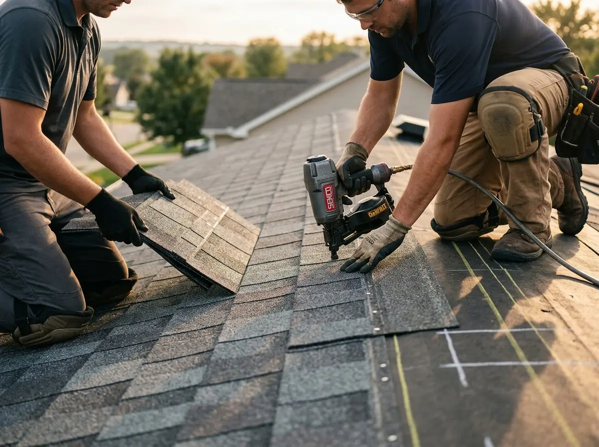 Professional roofer working on a residential roof in Minden